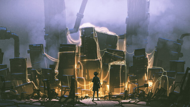 the young girl standing and looking at a pile of engines with string lights, digital art style, illustration painting
