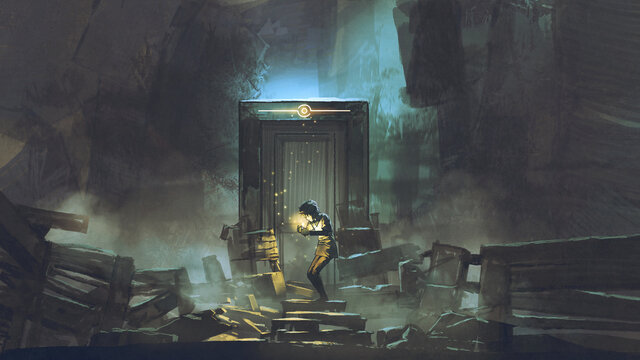 young boy lit the candle in front of the secret door, digital art style, illustration painting

