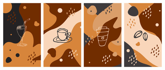 Set of abstract backgrounds with coffee. Sketch-style line drawings of coffee beans and cups. Design template for social networks, cafe and home. Minimalistic style illustration for wall decoration.