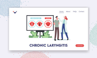 Chronic Laryngitis Landing Page Template. Tiny Doctor and Patient Characters at Infographics Presenting Throat Infection