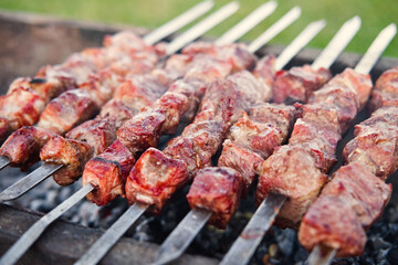 Close-up of barbecue on the grill. Kebab on skewers cooking outdoors. Cook shashlik in the fresh air.