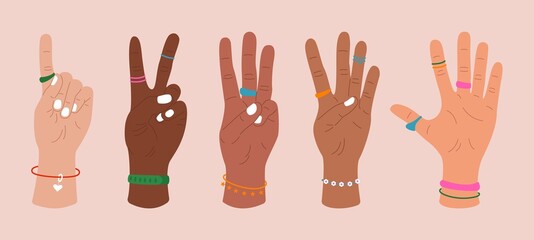 Fototapeta premium Fingers showing numbers. Woman hands with accessories count on the fingers, hand drawn flat design. Vector illustration
