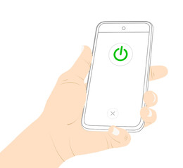 Show the phone, screen, power on, turn on,  activate, button, push, tap stock vector.