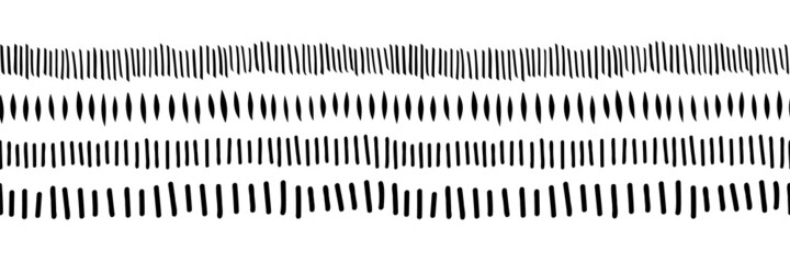 Seamless border brush stroke doodle scribble shapes black on white. Repeating horizontal pattern banner vector doodle shapes monochrome. Use as footer, divider, ribbon, trim, party decor, kids party.