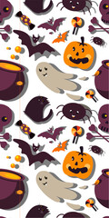 Happy Halloween Festive Seamless Pattern.Endless Background.Banner,Party Invitation.Bright Greeting Card with Funny Ghosts,Bat,Spider.Happy Halloween Celebration Poster.Flat Design Vector Illustration