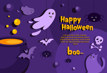 Happy Halloween Banner or Party Invitation.Purple Bright Greeting Card with Funny Ghosts,Bat,Spider,Text.Handwritten Calligraphy.Happy Halloween Celebration Text Poster.Flat Design Vector Illustration