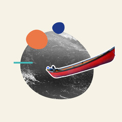 Modern design, contemporary art collage. Inspiration, idea, trendy urban magazine style. Sea wave and boat on pastel background