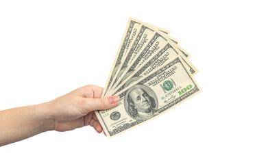 Woman's hand holds american dollars money, 100 hundred bills. Finance, earnings, crediting concept. Isolated on a white background