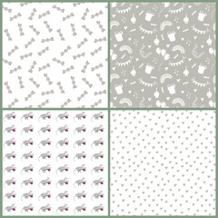 Happy Birthday Backgrounds. Set of holidays seamless patterns decorated with festive elements -  dinosaurs, hearts, gift, balloons, rainbows, cakes. Hand drawn vector illustrations. Cheerful textures.