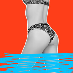 Contemporary art collage, modern design. Summer time mood. Beautiful female body isolated on bright...