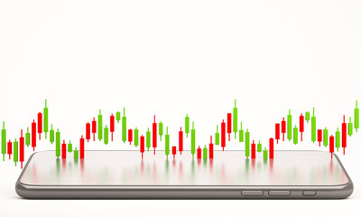 Candle stick graph chart of online stock market trading with mobile phone ,3d render illustration background