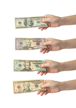 Set of hand holding US dollar banknotes isolated on a white background photo