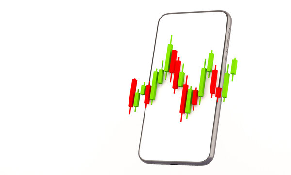 Candle stick graph chart of online stock market trading with mobile phone ,3d render illustration background