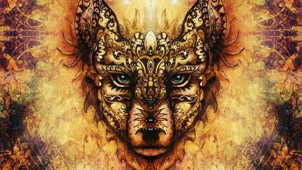 ornamental painting of wolf , sacred animal and ornamental star with feathers.
