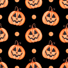 Bright watercolor pattern for all saints day, pumpkin jack and orange dots on a black background. Halloween patten for fabric, wrapping paper and party decor, etc.