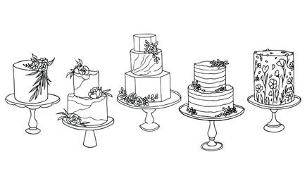 Vector sketch of trending wedding cakes with floral and fruit decoration isolated on a white	