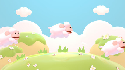 Cartoon sheep playing on the ground. 3d rendered picture.