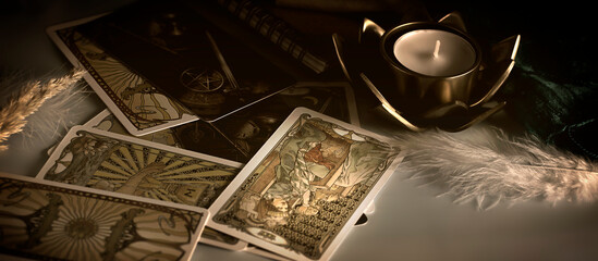 Tarot cards on the table, esoteric concept, fortune telling and predictions