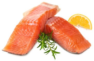 Red fish. Raw salmon fillet with rosemary and lemon isolate on white background. Clipping path and full depth of field