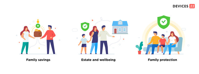 People use gadgets. set of icons, illustration. Family protection, investment, real estate, home. Flat illustration Icons infographics. Landing page site print poster.