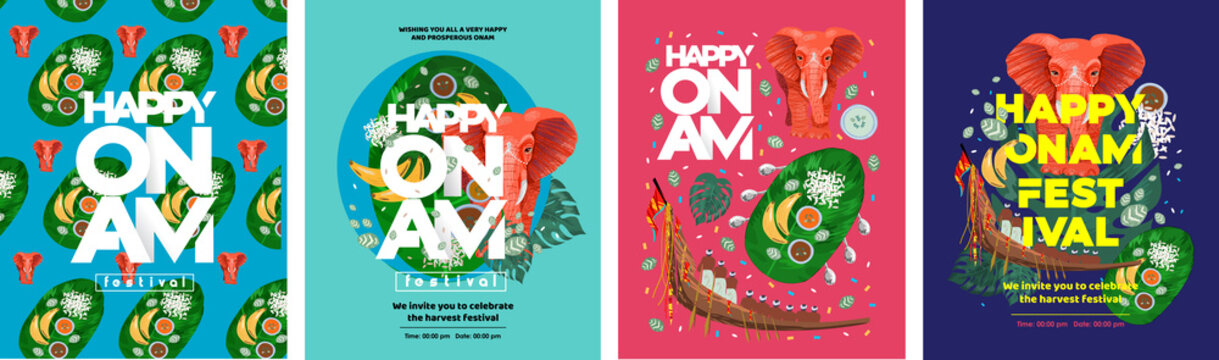 Happy Onam. Religious festival of South India Kerala.
Vector illustration of indian boat, traditional leaf food, 
elephant and text. Drawings for poster, background or cover