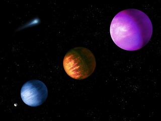 Parade of planets, beautiful space panorama, planetary system. Cosmos background.