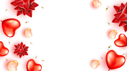 Heart Air Balloons And Confetti Copy Space Vector. Flying Helium Inflated Decoration In Heart Shape And Foil Sparkling Streamer For Celebrate Valentine Day. Template Realistic 3d Illustration
