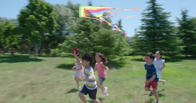 Happy children flying kite on meadow,4K