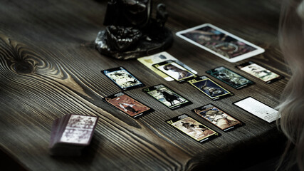 Tarot cards on the table, esoteric concept, fortune telling and predictions