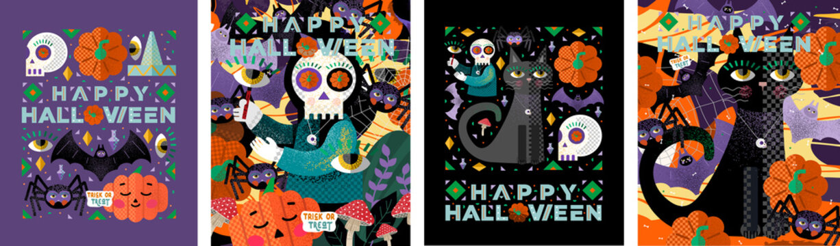 Happy Halloween! Trick or treat. Vector cheerful abstract illustration of Halloween characters, skull, black cat, spider, bat, pumpkin, eyes. Drawings for postcard, background and cover