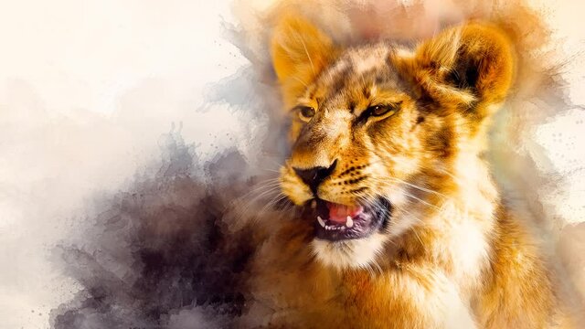cute lion and graphivc effect. Softly blurred watercolor background.