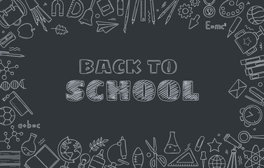 Back to school concept in chalk doodle style on blackboard. Banner template with school supplies frame. Pen, globe, backpack, ruler, book, brush, pencil in a hand-drawn sketch. Vector illustration - obrazy, fototapety, plakaty