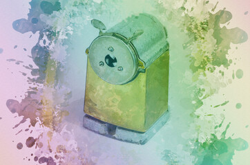 Digital watercolor painting vintage pencil sharpener on a multicolored background. Handmade metal tool for sharpening wooden pencils