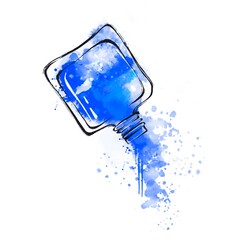 Blue nail polish flows out of the bottle, splashes, watercolor spots. Illustration, print, postcard for a beauty salon, nail service master, manicure artist. A picture of a beauty product. Hand drawn.