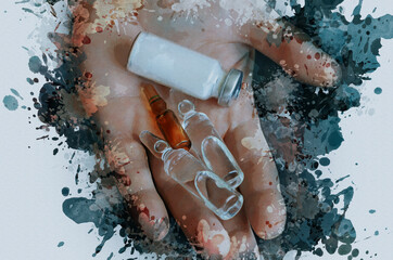 Fototapeta premium Digital watercolor painting of a hand, three ampoules and a vial of white powder. Glass vials in a male palm. Close-up