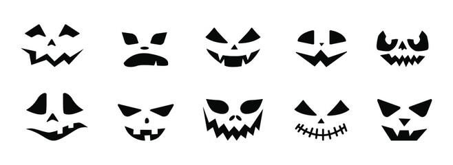 Scary Halloween pumpkin faces icons set. Black creepy eyes and smile. Vector pumpkin face illustration