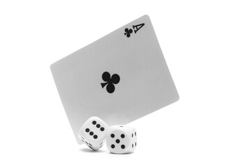 Ace of clubs card and two dice, die for poker and gambling isolated on white background