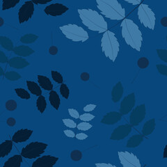 Blue leaves and berries seamless pattern.