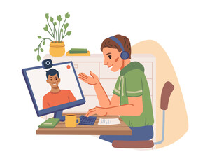 Teenager communicating with friend on computer by video camera isolated flat cartoon character. Vector online communication, young man taking to friend in zoom, chatting and education via internet