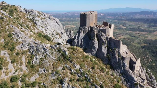 View of medieval Chateau de Queribus castle. Aude department. Languedoc-Roussillon region. France