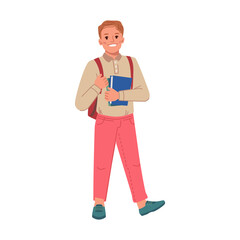 Boy wearing backpack and holding book in hands, isolated preteen personage walking to school. Lessons and classes, education and obtaining knowledge for children. Flat cartoon character vector