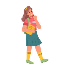 Female personage carrying books and wearing satchel on shoulders walking to school to attend lessons and classes. Isolated girl wearing casual clothes to college. Flat cartoon character vector