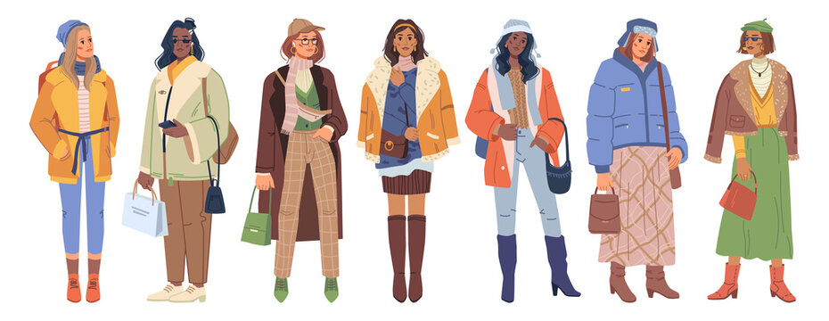 Set of stylish modern women in fashion winter outfit clothes isolated flat cartoon characters. Vector vogue couture models, collection of people in fashionable urban street style cloth, wintertime