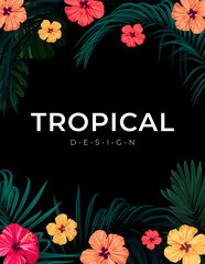 Summer tropical vector design for banner or flyer with dark green palm leaves and hibiscus flowers.