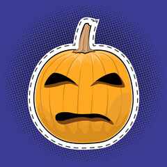Carved scary pumpkin, Jack-o-Lantern on a purple violet pop art halftone background, Halloween holiday, black dots in the form of a circle, pins or patches, retro style, vector illustration