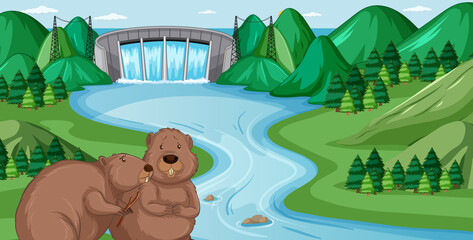 Dam landscape with beaver family © blueringmedia