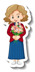 A girl holding bouquet cartoon character sticker