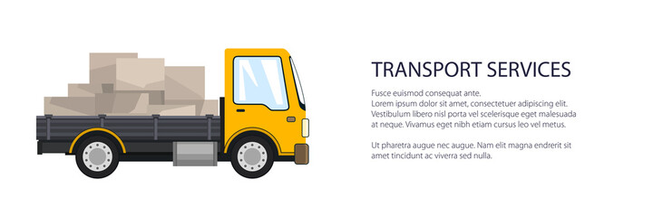 Yellow small cargo truck with boxes , delivery services and logistics banner, shipping and freight of goods, vector illustration