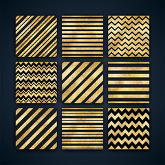 Vector Geometric Striped Golden Seamless Pattern Set. Shiny gold foil repeat texture with black diagonal line, stripe, zigzag. Abstract luxury metal print for digital paper, background, wallpaper