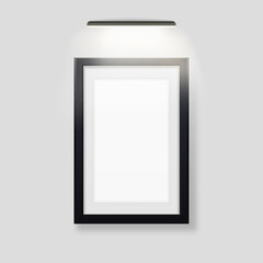 Empty picture with black frame and backlit template. Rectangle banner with led lamp on top advertising wooden rectangle for images and vector art interior.